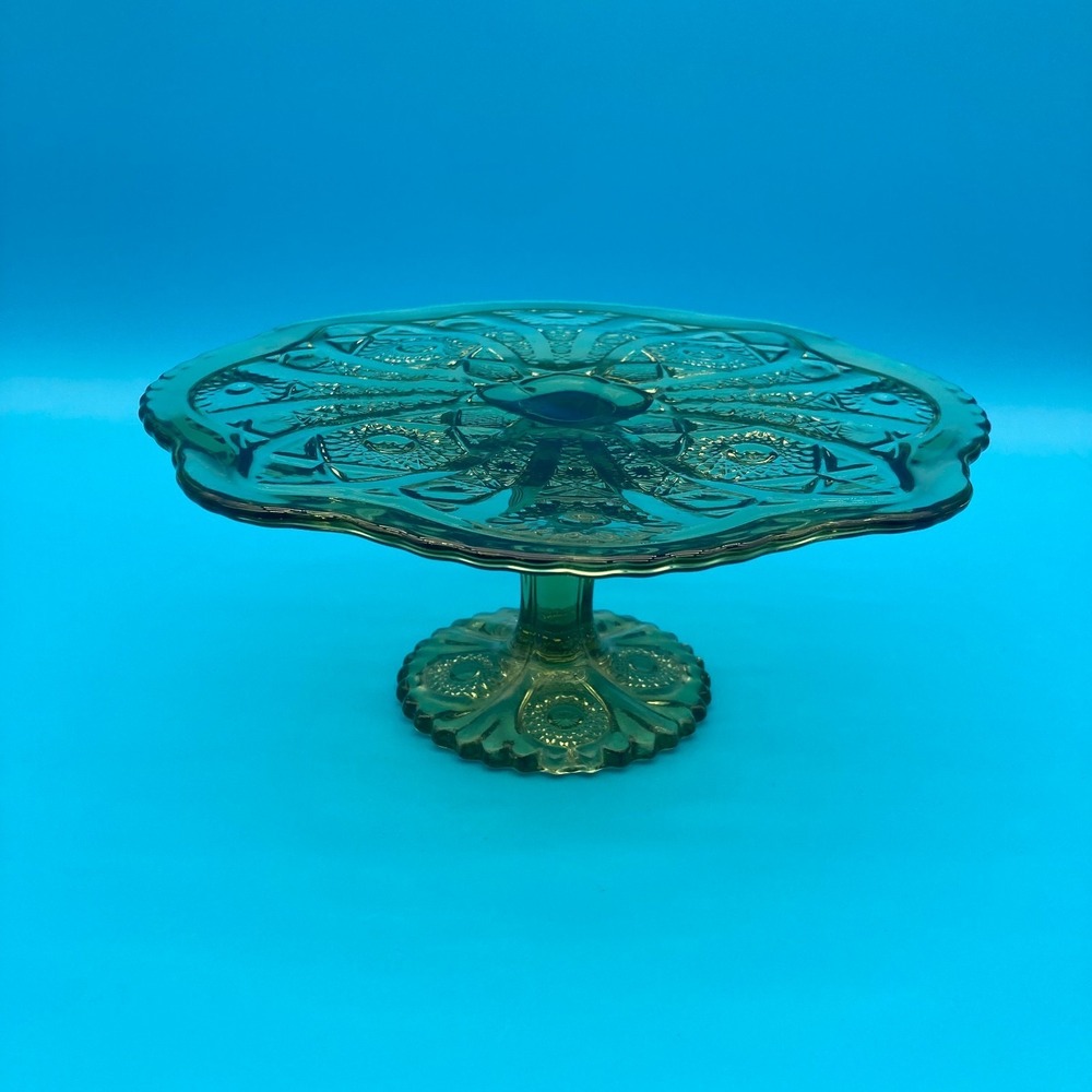 Vintage Indiana Glass Light Green Sandwich Glass Pedestal Cake Stand 1980s
